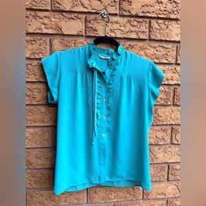 💫4/$25 • Vintage Style Rite‎ Shirt Tales Turquoise Ruffle High-Neck Blouse